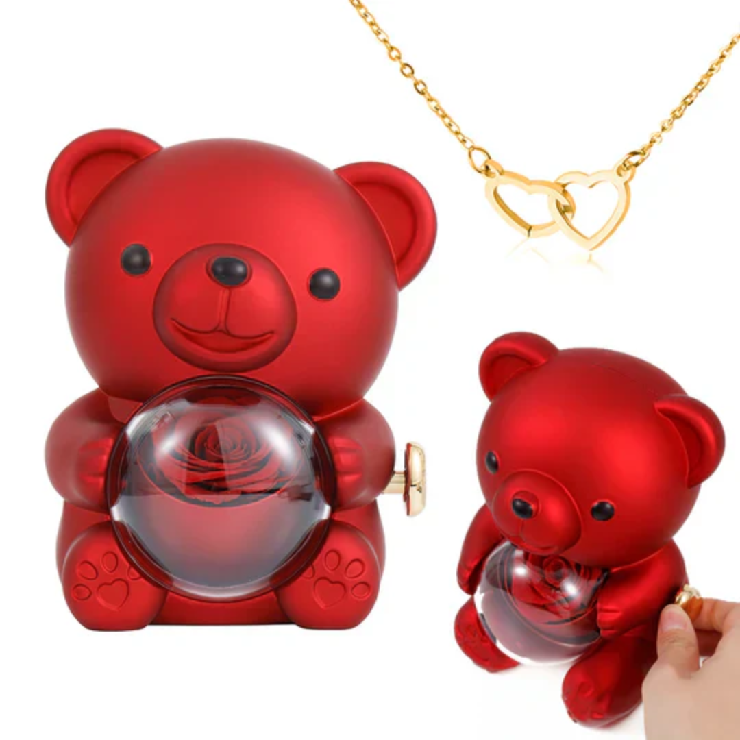 Urso Rotativo com Rosa Real + Colar de Coração Personalizado